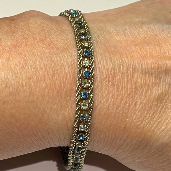 Vintage Blue & Clear Crystal Tennis Bracelet – Silver Tone Triple Strand – 8" - Picture 2 of 8